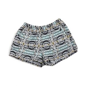 Chic Women's Patterned Shorts in Black, White, and Teal with pockets.
